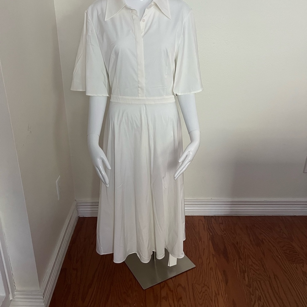 White Flutter Sleeve Notched Collar Midi Dress